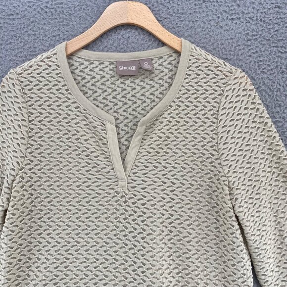 Chicos Top Womens 0 US Small Beige Textured Knit 3/4 Sleeves Pullover Stretch - Picture 2 of 10